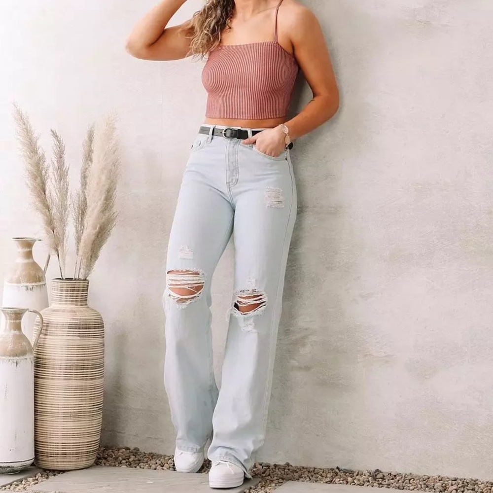 Kancan || Ultra High Waist Y2K 90s Light Washed Distressed Wide Leg - Picture 4 of 11